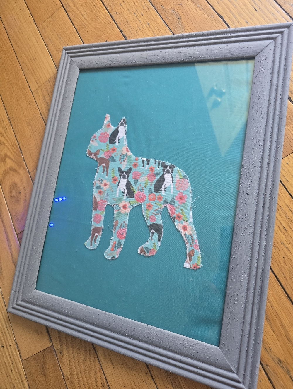 Framed Floral Boston Terrier Silhouette Art - Teal Background Hand Made 13x16